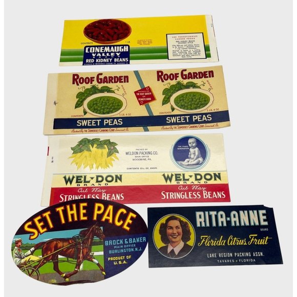 Quantity 5 Vintage Can / Crate Labels Fruits Vegetables Beans Peas Citrus Fruit - Picture 1 of 7
